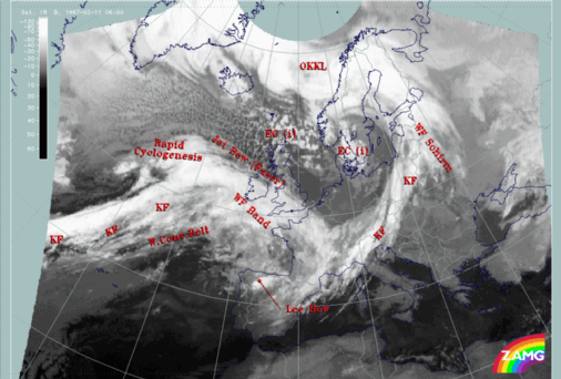 11 February 1997/06.00 UTC - Meteosat IR image; SatRep overlay: names of conceptual models
