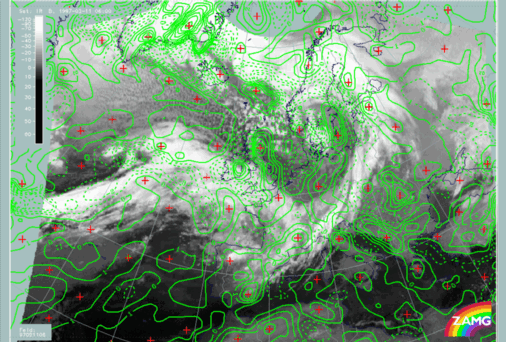 11 February 1997/06.00 UTC - Meteosat IR image; green solid: divergence 1000 hPa, green dashed: convergence 1000 hPa