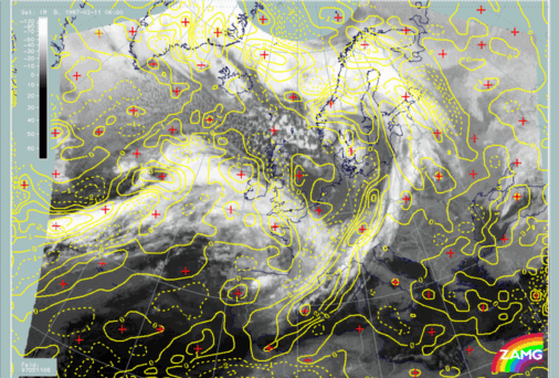 11 February 1997/06.00 UTC - Meteosat IR image; yellow solid: divergence 300 hPa, yellow dashed: convergence 300 hPa