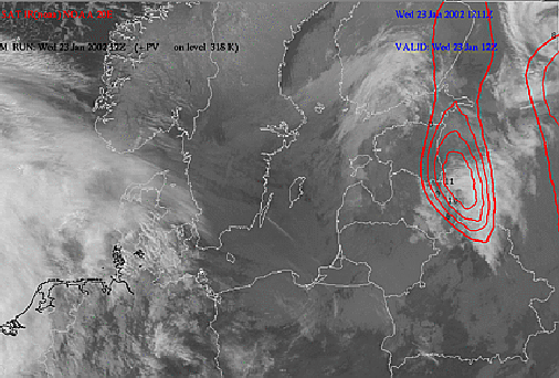 23 January 2002/12.00 UTC - NOAA IR image (channel 4); red: potential vorticity 318K