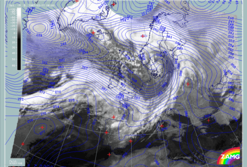 11 February 1997/06.00 UTC - Meteosat IR image; blue: temperature 700 hPa