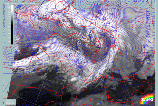 11 February 1997/06.00 UTC - Meteosat IR image; blue: temparature 700 hPa, red dashed: temparature advection - CA 500/1000 hPa, red solid: temparature advection - WA 500/1000 hPa