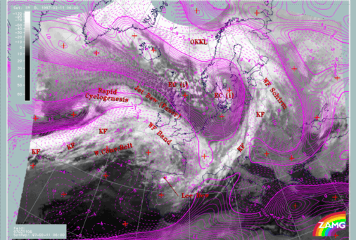 11 February 1997/06.00 UTC - Meteosat IR image; magenta: relative vorticity 300 hPa, SatRep overlay: names of conceptual models