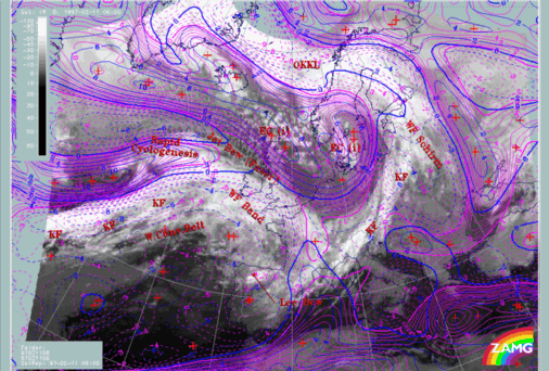 11 February 1997/06.00 UTC - Meteosat IR image; magenta: relative vorticity 300 hPa, blue: shear vorticity 300 hPa, SatRep overlay: names of conceptual models