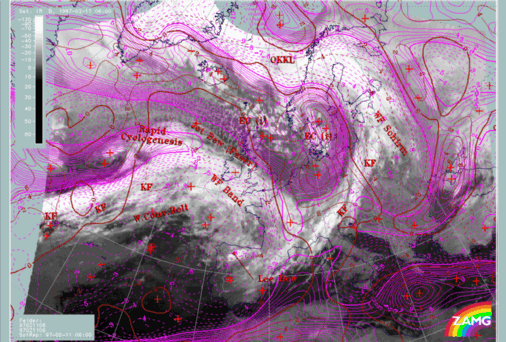 11 February 1997/06.00 UTC - Meteosat IR image; magenta: relative vorticity 300 hPa, brown: curvature vorticity 300 hPa, SatRep overlay: names of conceptual models