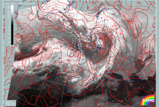 11 February 1997/06.00 UTC - Meteosat IR image; brown: curvature vorticity 300 hPa, red: positive vorticity advection (PVA) 300 hPa