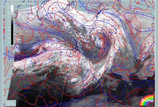 11 February 1997/06.00 UTC - Meteosat IR image; blue: shear vorticity 300 hPa, red: positive vorticity advection (PVA) 300 hPa