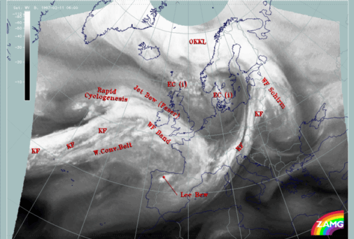 11 February 1997/06.00 UTC - Meteosat WV image; SatRep overlay: names of conceptual models