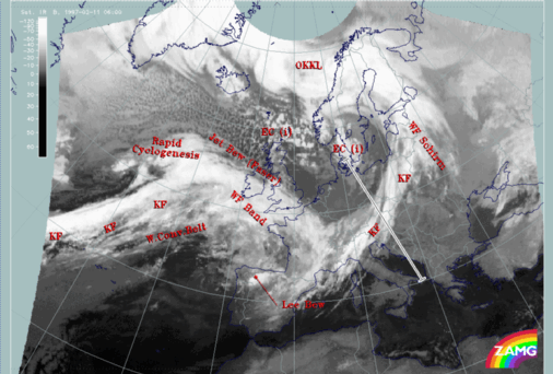 11 February 1997/06.00 UTC - Meteosat IR image; SatRep overlay: names of conceptual models, position of vertical cross section indicated