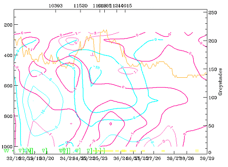 11 February 1997/06.00 UTC - Vertical cross section; black: isentropes (ThetaE), magenta thin: divergence, magenta thick: convergence, cyan thick: vertical motion (omega) - upward motion, cyan thin: vertical motion (omega) - downward motion, orange thin: IR pixel values, orange thick: WV pixel values