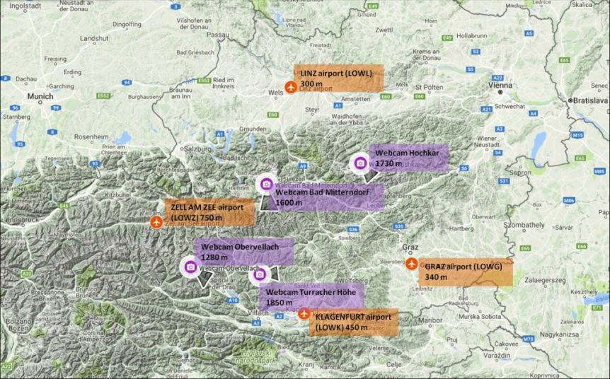 Map of Austria, including airports and webcams