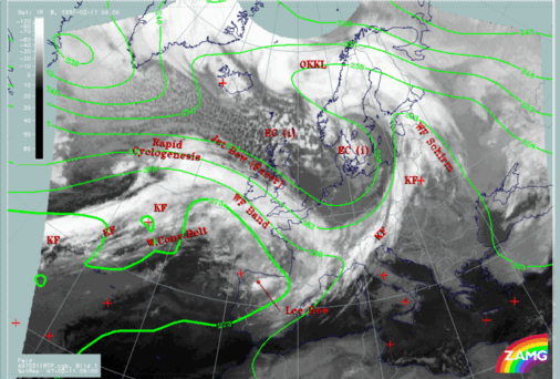 11 February 1997/06.00 UTC - Meteosat IR image;  green: equivalent thickness 500/850 hPa, SatRep overlay: names of conceptual models