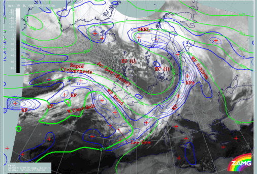 11 February 1997/06.00 UTC - Meteosat IR image; red thick: front indicator, green: equivalent thickness 500/850 hPa, blue: thermal front parameter (TFP) 500/850 hPa, SatRep overlay: names of conceptual models