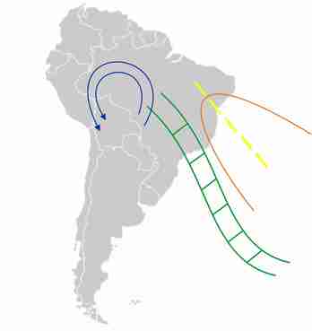 Typical configuration at high levels: an anticyclonic circulation (Bolivian high - blue lines) over northwestern South America and a trough over northeastern Brazil (orange and yellow lines).