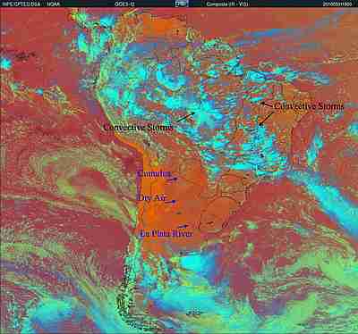31 March, 2010 - 1800UTC  GOES-12 -  VIS  Channel + IR Enhance - Blurish colors  indicate deep convection and orange and reddish colors represent clear sky condition.