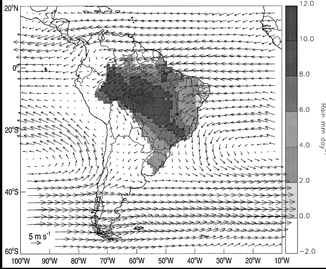 Mean daily summertime (December-February) precipitation calculated with a  grid length of 2º lat/long (shaded area) and  850hPa wind vectors.