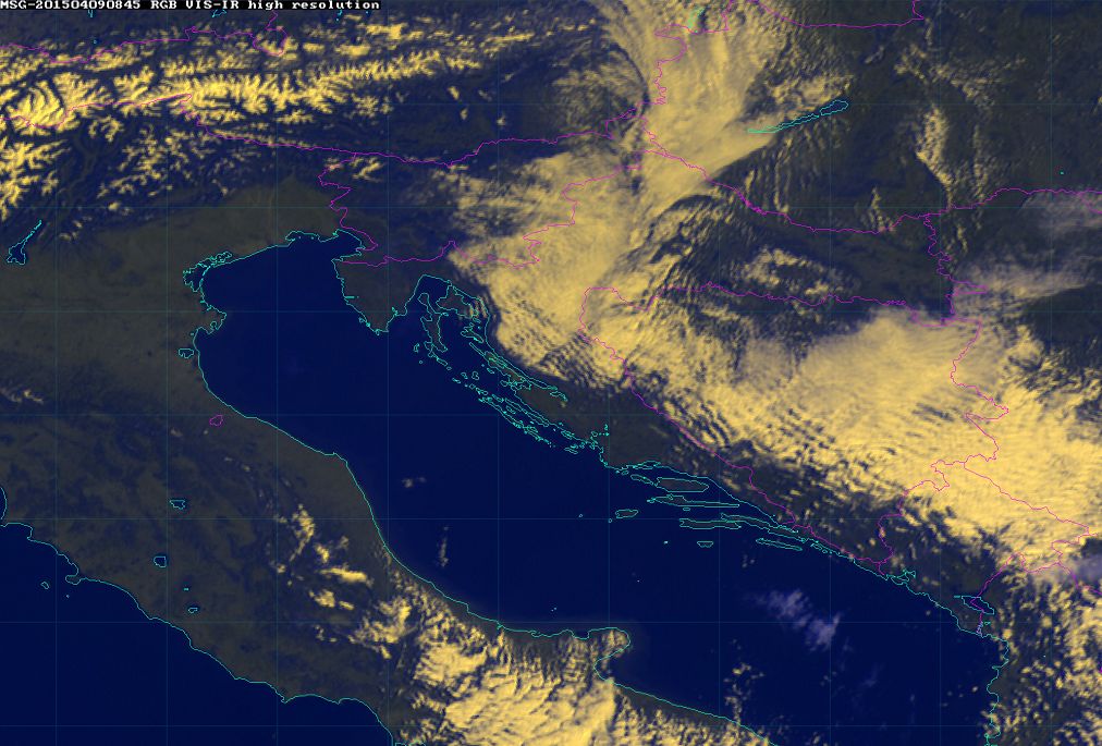 9 April 2015/8.45 UTC - Meteosat 10 RGB image (HRV, 10.8, 10.8)