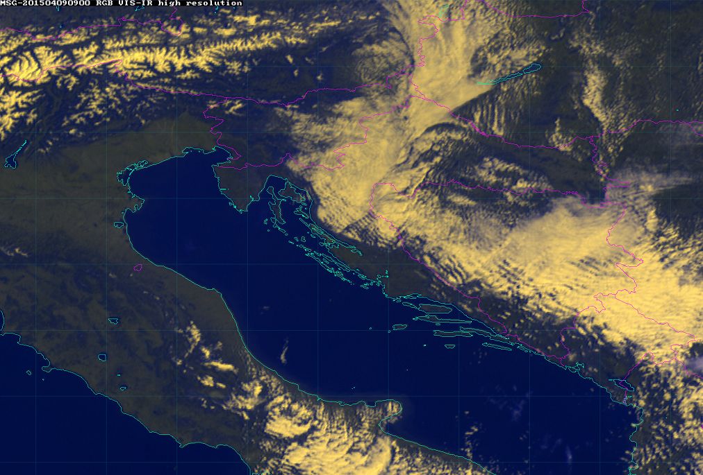 9 April 2015/9.00 UTC - Meteosat 10 RGB image (HRV, 10.8, 10.8)