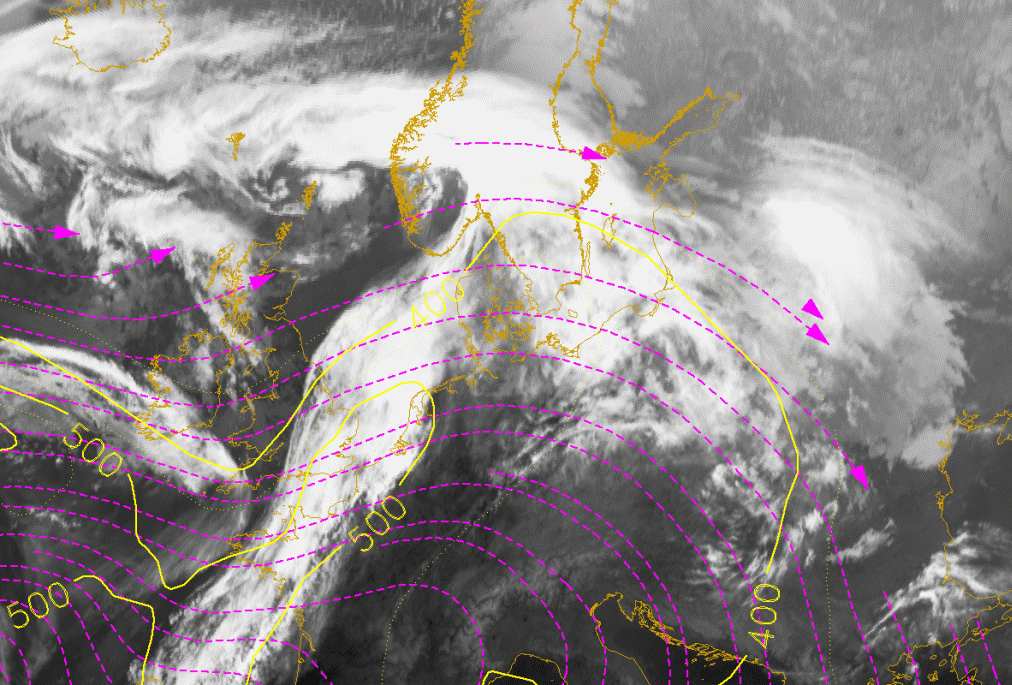 16 March 2005/18.00 UTC - Meteosat 8 IR 10.8 image; magenta: relative streams 312K, yellow: isobars; position of vertical cross section indicated