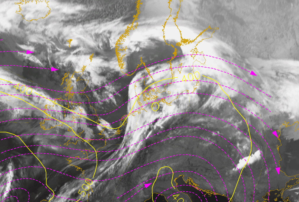 17 March 2005/00.00 UTC - Meteosat 8 IR 10.8 image; magenta: relative streams 312K, yellow: isobars; position of vertical cross section indicated