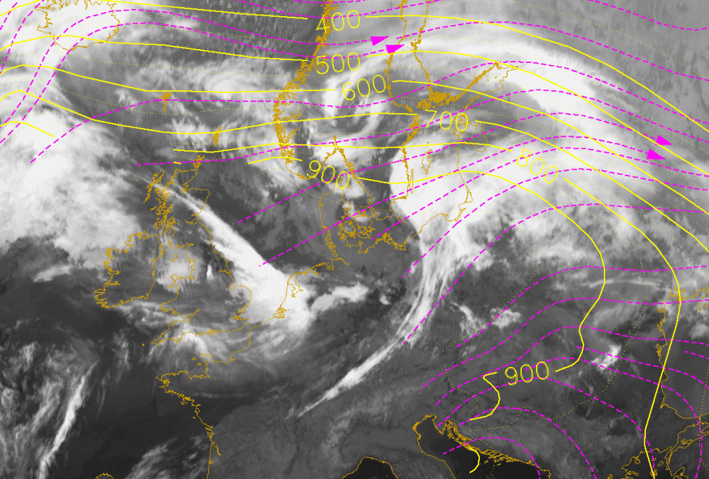 17 March 2005/06.00 UTC - Meteosat 8 IR 10.8 image; magenta: relative streams 312K, yellow: isobars; position of vertical cross section indicated