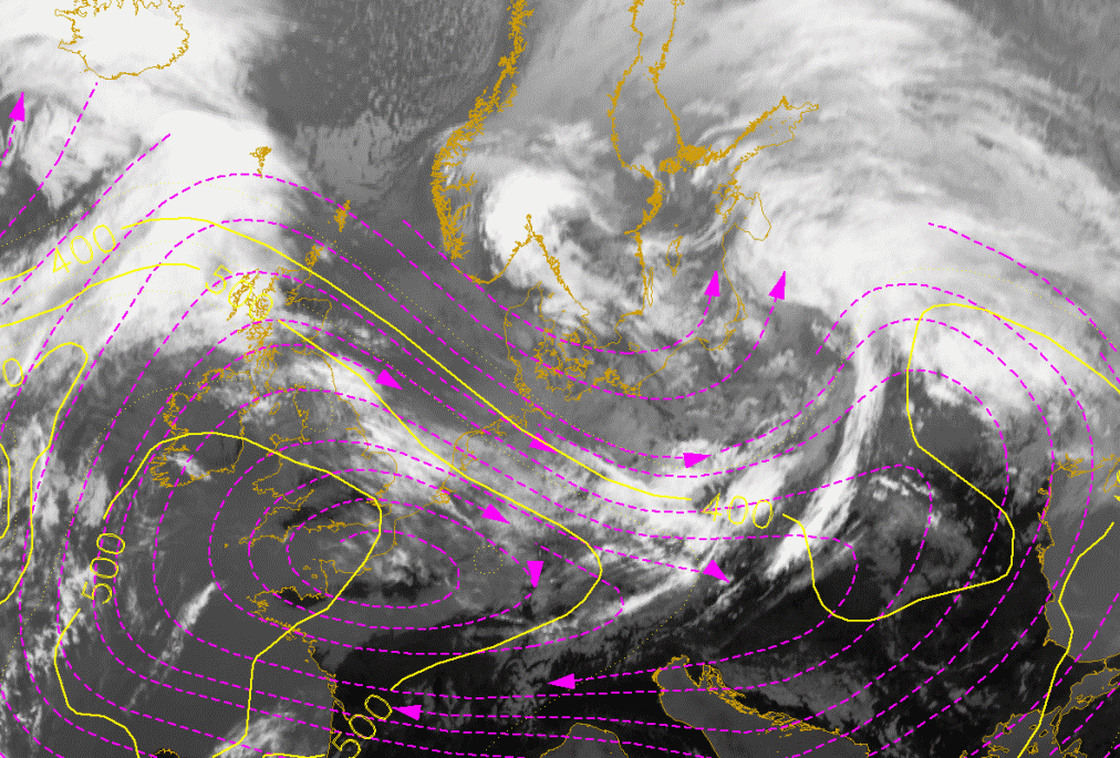 17 March 2005/12.00 UTC - Meteosat 8 IR 10.8 image; magenta: relative streams 312K, yellow: isobars; position of vertical cross section indicated