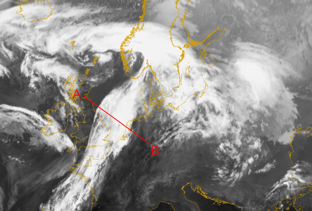 16 March 2005/18.00 UTC - Meteosat 8 IR 10.8 image; position of vertical cross section indicated