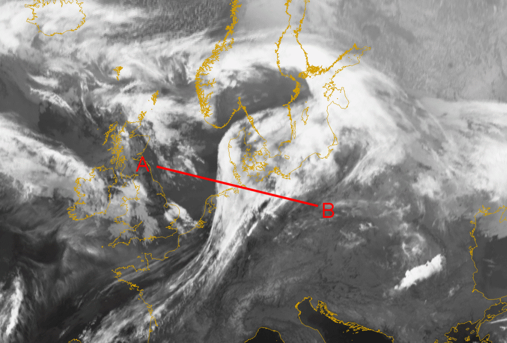 17 March 2005/00.00 UTC - Meteosat 8 IR 10.8 image; position of vertical cross section indicated