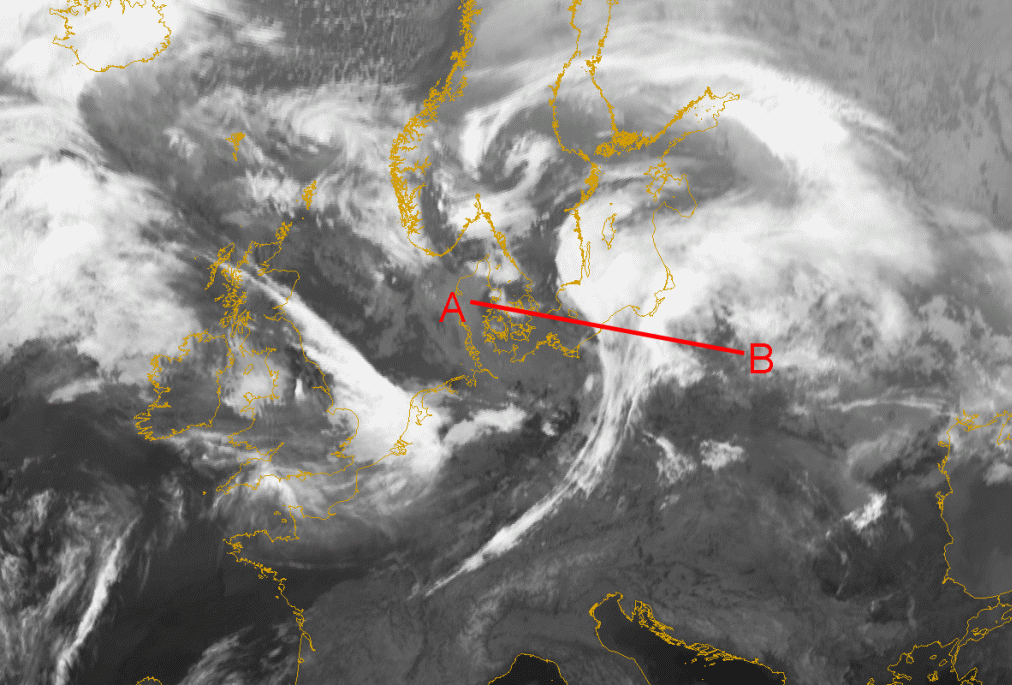 17 March 2005/06.00 UTC - Meteosat 8 IR 10.8 image; position of vertical cross section indicated