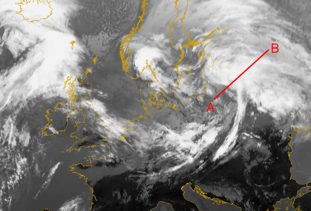 17 March 2005/12.00 UTC - Meteosat 8 IR 10.8 image; position of vertical cross section indicated