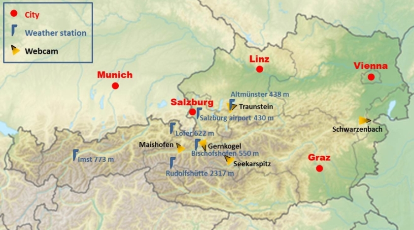Map of Austria including cities, weather stations and webcams